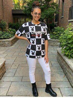 PLAYBOY Unisex Checkered Black White T Shirt Size Small